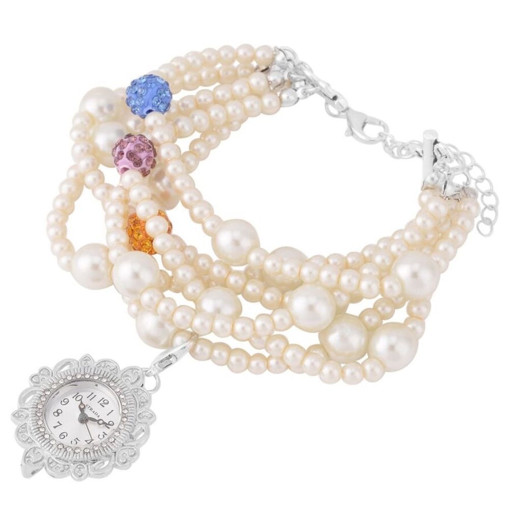 Strada Japanese Movement Glass, Multi Austrian Crystal Beaded Bracelet Watch